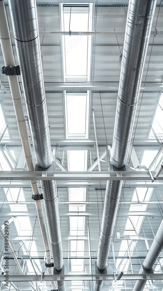 Obraz premium A modern industrial ceiling with exposed pipes and skylights, showcasing contemporary architecture.