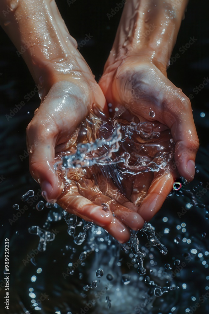 Fototapeta premium Human hands holding and splashing water, highlighting nature's beauty and movement.
