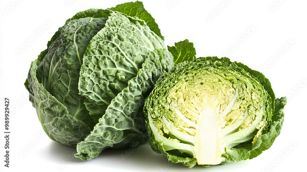 Fototapeta premium Freshly cut cabbage showcasing its crisp green leaves and tender white core, isolated on a clean white background, perfect for cooking or salads.