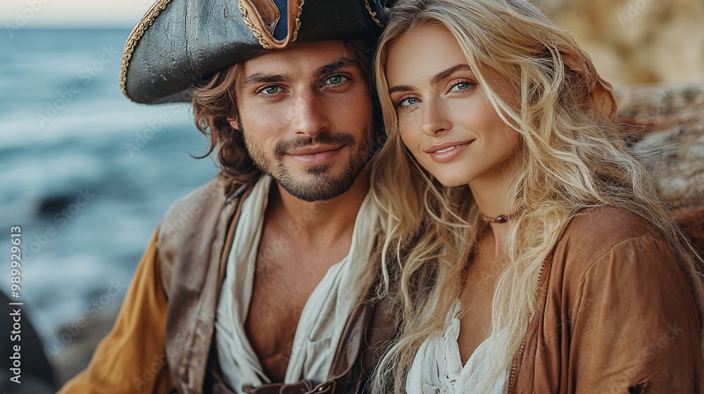 Fototapeta premium handsome man and beautiful woman dressed in vintage pirate clothing sitting on the beach with the ocean behind them capturing a moment of love and romance