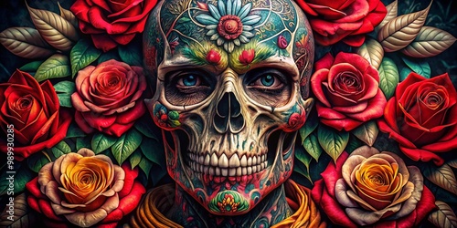 Intricate Gangster Skull Surrounded by Roses - Edgy Tattoo Art for Alternative and Vintage Styles