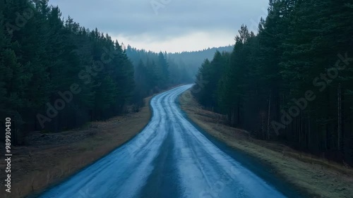 A winding road through a serene forest landscape under a cloudy sky, perfect for travel or nature themes.