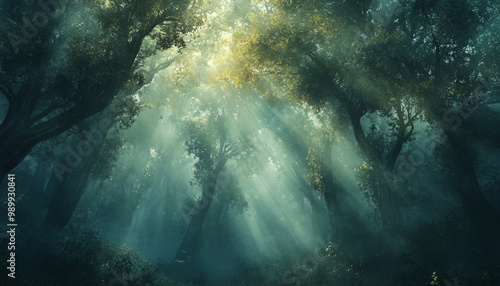 Tall, misty trees with sunlight streaming through the branches, creating a magical and mysterious forest atmosphere