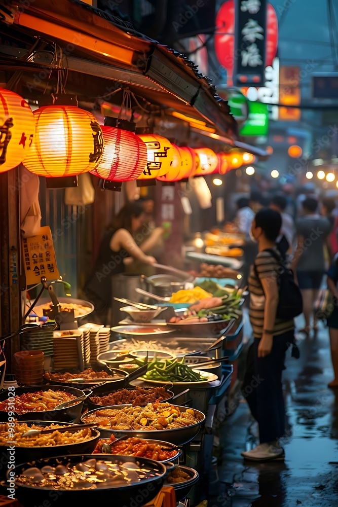 Obraz premium A vibrant night market filled with food stalls and lanterns, bustling with people.