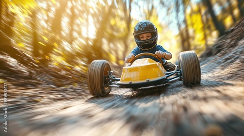young boy speeding down a steep hill in his homemade racer during a competitive soapbox derby race filled with adrenaline determination and a thrill for speed