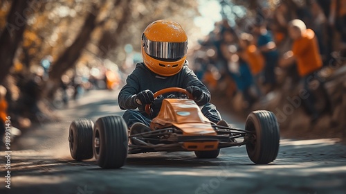 young boy speeding down a steep hill in his homemade racer during a competitive soapbox derby race filled with adrenaline determination and a thrill for speed
