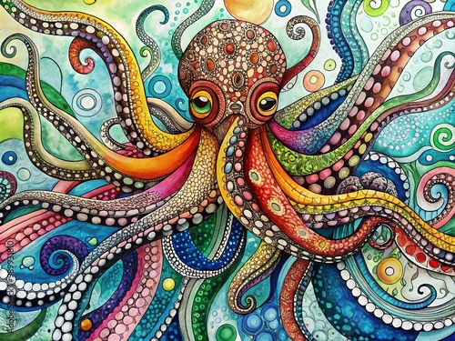 Intricate Octopus Zentangle Design with Abstract Patterns and Artistic Elements in Black and White