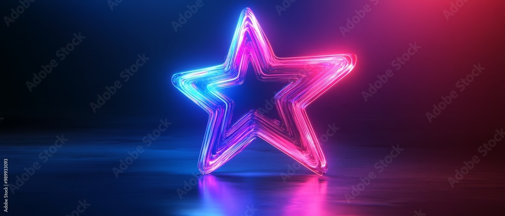 Neon Star on Reflective Surface.