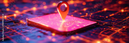 A glowing location pin on a digital map. photo