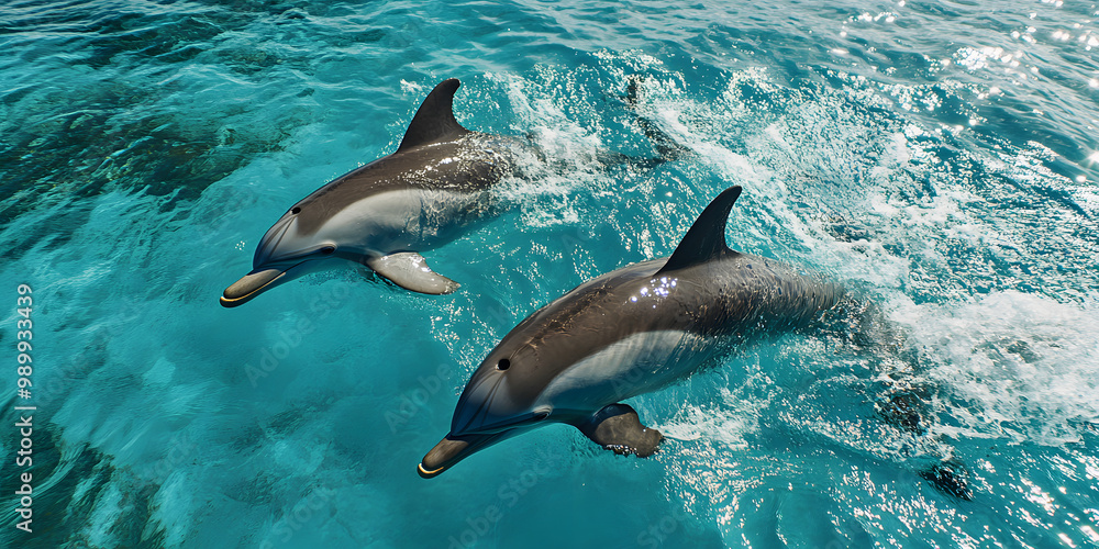 Fototapeta premium Joyful dolphins gliding through ocean water