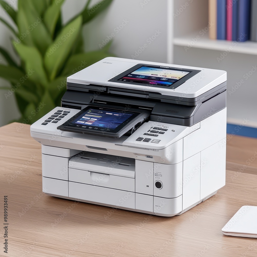 Modern multifunction printer on wooden desk. Modern multifunction printer on wooden desk.