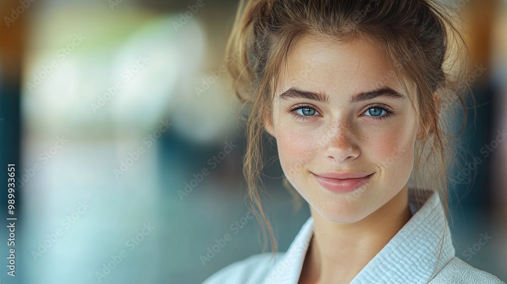 confident european girl at a judo or karate training lesson smiling at the camera while practicing martial arts techniques in a focused and disciplined environment confident european girl at a judo or karate training lesson smiling at the camera while practicing martial arts techniques in a focused and disciplined environment