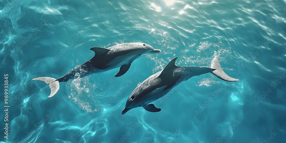 Obraz premium Two dolphins swimming in clear blue water