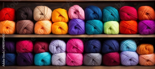 Colorful yarn displayed neatly on a wooden shelf in a crafting store during daylight hours