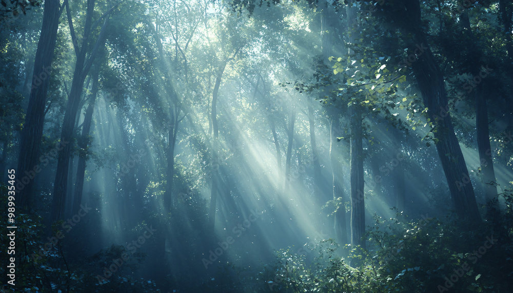Tall, misty trees with sunlight streaming through the branches, creating a magical and mysterious forest atmosphere Tall, misty trees with sunlight streaming through the branches, creating a magical and mysterious forest atmosphere