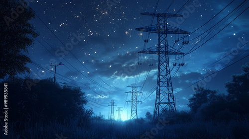 3D Render Of Power Transmission Lines with 3D Digital Visualization of Electricity. Fantastic Visuals of Night Sky Full of Bright Stars. Concept of Renewable Green Energy Powering Human Progress..