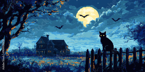 8-bit black cat on a fence with a spooky mansion
 photo