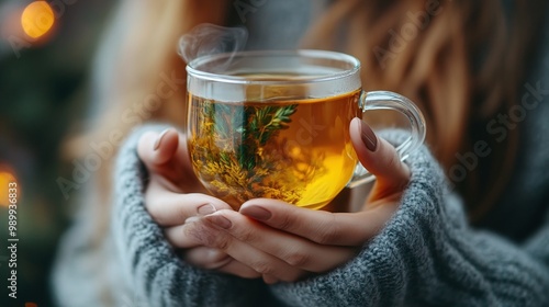 person enjoying a glass cup of tea for health, focusing on wellness and the calming effects of the herbal tea, with each sip promoting health and relaxation