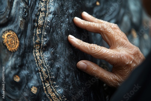 Elderly Hand Touching Intricate Surface