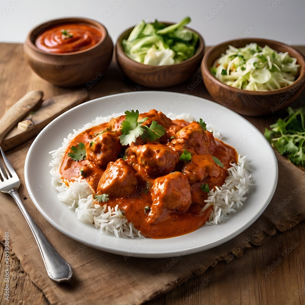 Delicious juicy tasty butter chicken dish well cooked with Tomato sauce with some vegetable served, traditional butter chicken, tasty butter chicken curry dish Delicious juicy tasty butter chicken dish well cooked with Tomato sauce with some vegetable served, traditional butter chicken, tasty butter chicken curry dish