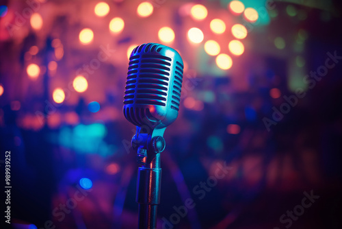 Microphone on a Rock Stage with Colorful Lights and Fog, Setting the Scene for an Unforgettable Live Performance