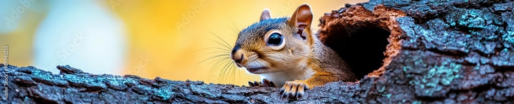 Obraz premium Low-angle shot of a tree with a squirrel peeking out from a hole in the trunk