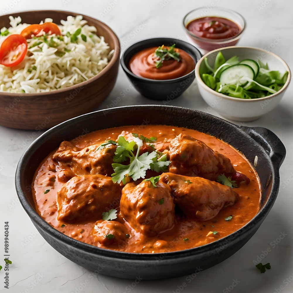 Delicious juicy tasty butter chicken dish well cooked with Tomato sauce with some vegetable served, traditional butter chicken, tasty butter chicken curry dish