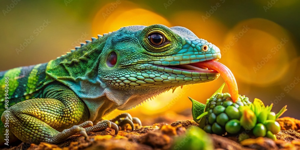 Obraz premium Lizard Enjoying a Meal in Natural Habitat, Vibrant Colors and Intriguing Details Captured Perfectly