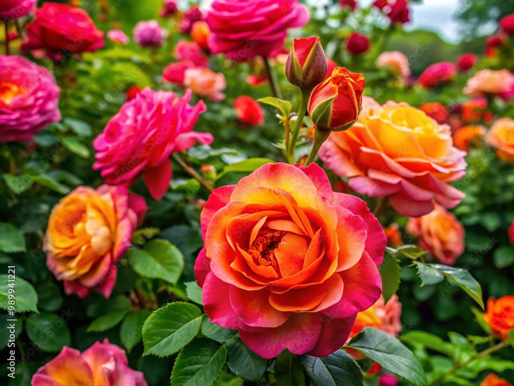 Lush Blooming Rose Plant in Full Bloom Showcasing Vibrant Colors and Lush Green Foliage Outdoors Lush Blooming Rose Plant in Full Bloom Showcasing Vibrant Colors and Lush Green Foliage Outdoors