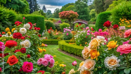 Lush Beds of Vibrant Roses in Full Bloom Surrounded by Green Foliage in a Serene Garden Setting