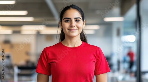 Woman in red shirt smiling in a gym setting