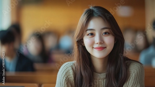 portrait of a smiling korean asian university student sitting in a lecture hall enjoying the experience of college education and academic learning with a happy and motivated outlook photo