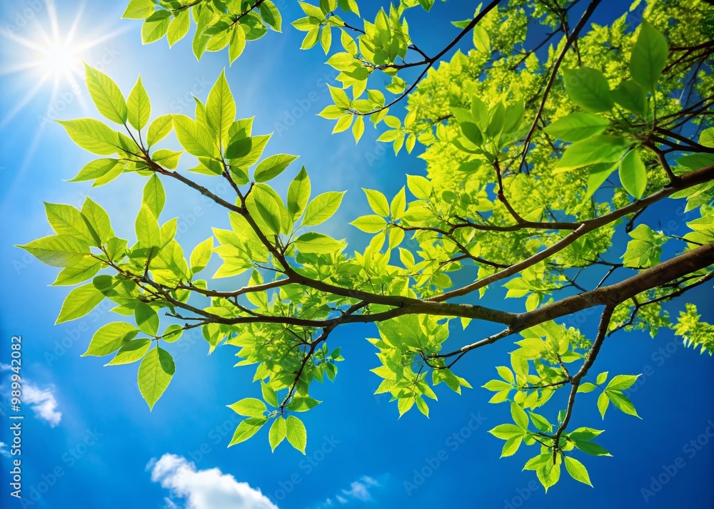 Fototapeta premium Lush Green Tree Branch with Vibrant Leaves Against a Clear Blue Sky in a Peaceful Natural Setting