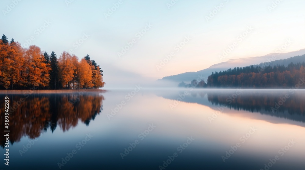 Fototapeta premium Serene autumn landscape featuring a calm lake reflecting vibrant trees and misty mountains at sunrise.