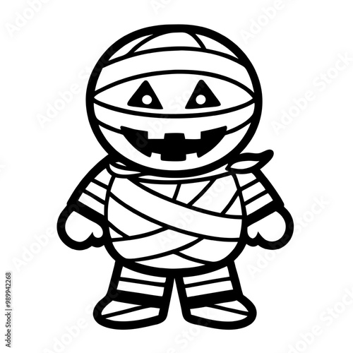 Cute Mummy Halloween Character: A delightful, cartoonish mummy character with a friendly pumpkin face, perfect for Halloween celebrations and decorations.  