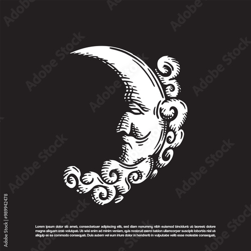 Vintage retro hand drawn crescent moon with cloud vector isolated on black background