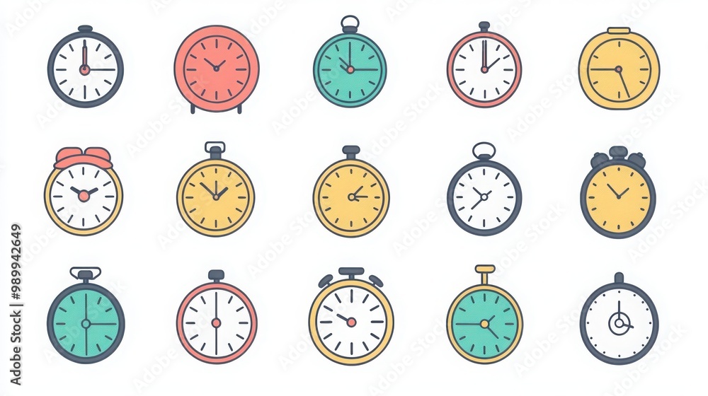 Clocks thin line icon set. Containing an hourglass, wall clock with numbers, digital timer, wristwatch with black strap, retro alarm clock Clocks thin line icon set. Containing an hourglass, wall clock with numbers, digital timer, wristwatch with black strap, retro alarm clock
