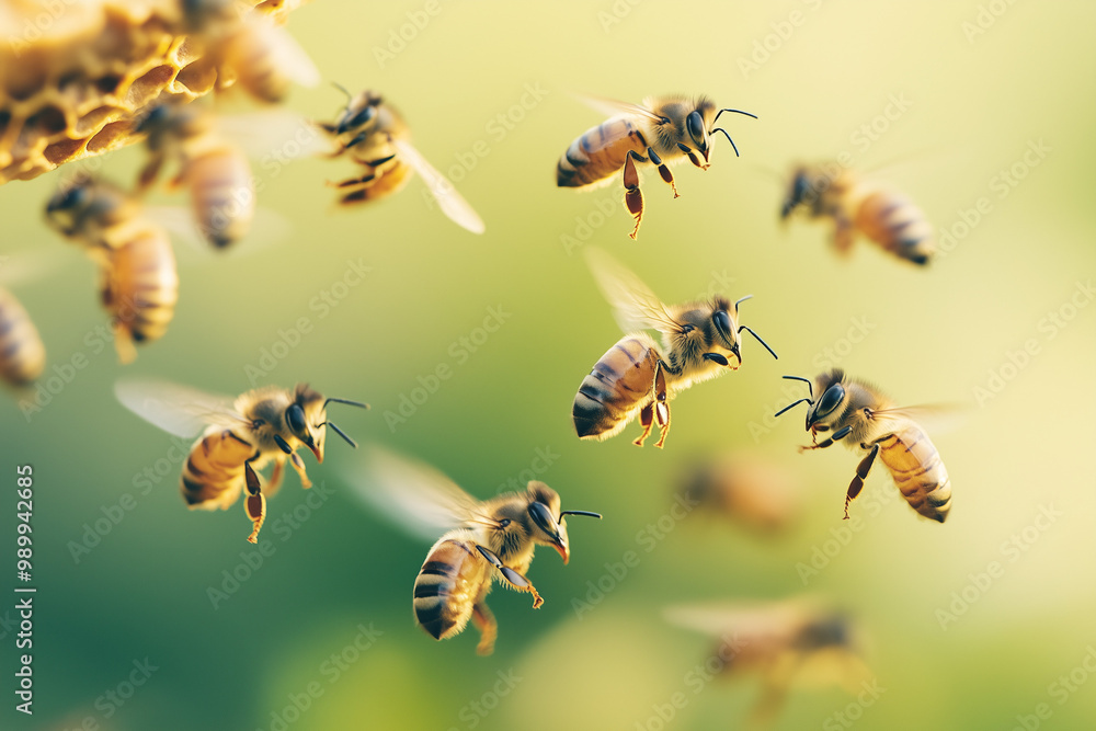 Honeybees Flying Around an Open Hive, Collecting Nectar and Pollen to Produce Delicious, Golden Honey Honeybees Flying Around an Open Hive, Collecting Nectar and Pollen to Produce Delicious, Golden Honey