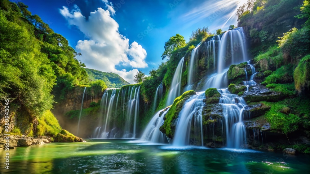 Fototapeta premium Majestic Angle Falls Cascading Down Lush Green Cliffs Under Bright Blue Sky in Vibrant Nature Scene