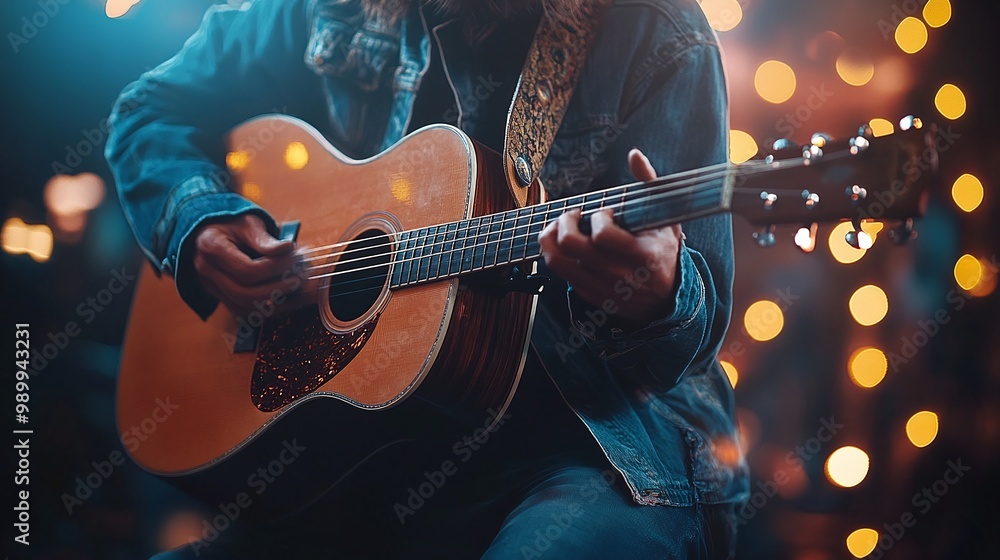 Obraz premium guitarist strumming an acoustic guitar in a live stage performance showcasing the skills of a famous guitar player under the spotlight as the audience enjoys the musical talent and artistry