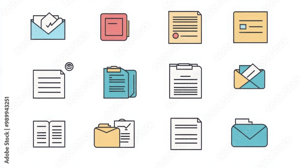 Document thin line icon set. Containing file folder, document with chart, envelope with document, signed contract, scanned document, clipboard with checklist Document thin line icon set. Containing file folder, document with chart, envelope with document, signed contract, scanned document, clipboard with checklist