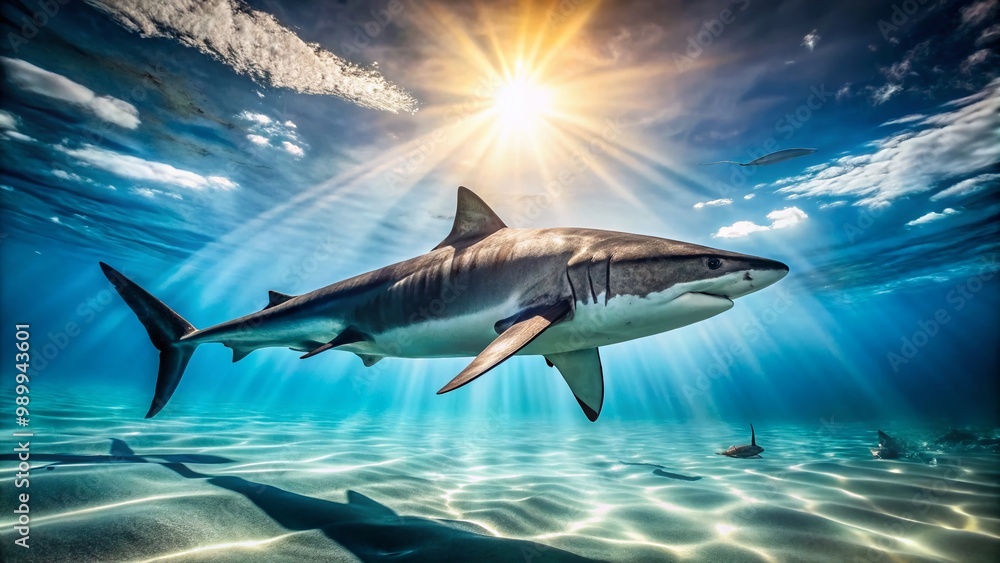 Fototapeta premium Majestic Big Shark Swimming Gracefully in Crystal Clear Ocean Waters Under Bright Sunlight