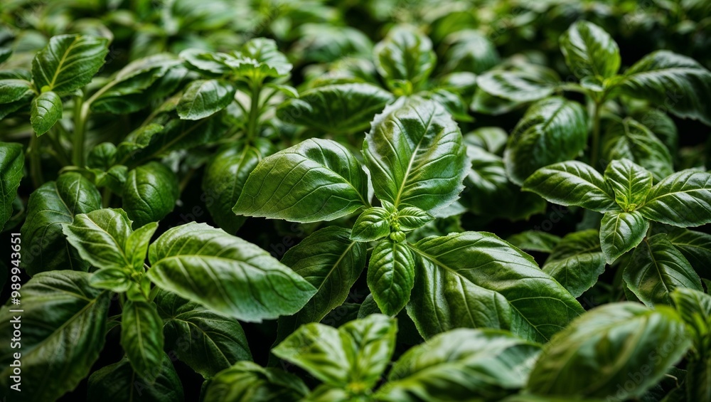 Fresh basil leaves with smooth texture closeup Fresh basil leaves with smooth texture closeup