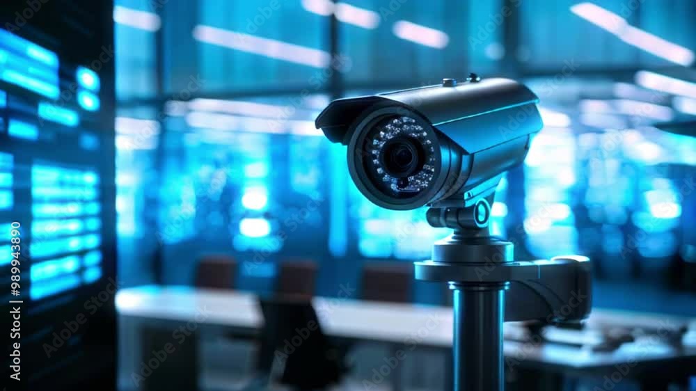 Security camera in a modern office with a blurry background of blue lights and a computer screen. Security camera in a modern office with a blurry background of blue lights and a computer screen.