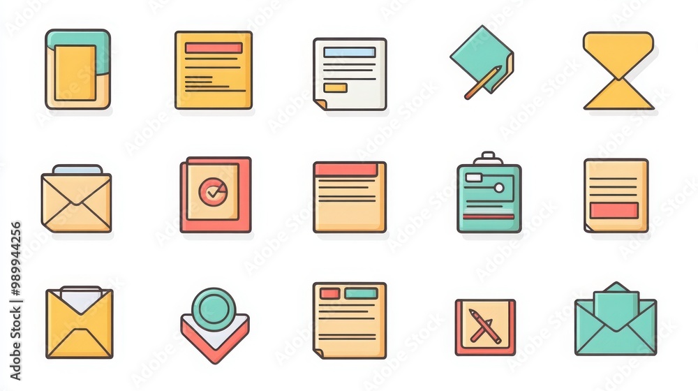 Document thin line icon set. Containing file folder, document with chart, envelope with document, signed contract, scanned document, clipboard with checklist Document thin line icon set. Containing file folder, document with chart, envelope with document, signed contract, scanned document, clipboard with checklist