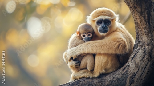 Wallpaper Mural Mother Gibbon Holding Baby on Tree Branch Torontodigital.ca