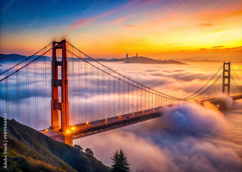 Fototapeta premium Majestic Golden Gate Bridge Shrouded in Enigmatic Fog Over San Francisco Bay at Dawn