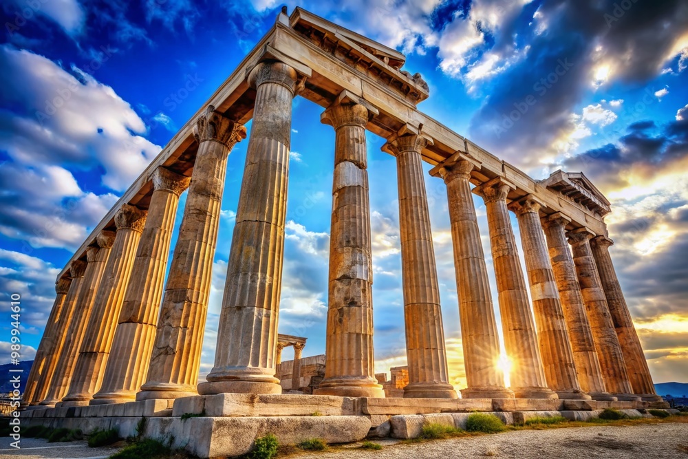 Naklejka premium Majestic Greek Pillars Under Bright Blue Sky Symbolizing Ancient Architecture and Cultural Heritage