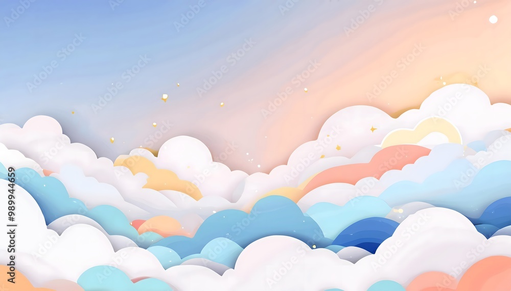 The sky background is filled with pastel fluffy clouds in a paper layer format. The sky background is filled with pastel fluffy clouds in a paper layer format.