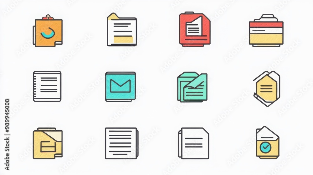 Document thin line icon set. Containing signed contract, document with graph, file folder , document with attachment, envelope Document thin line icon set. Containing signed contract, document with graph, file folder , document with attachment, envelope